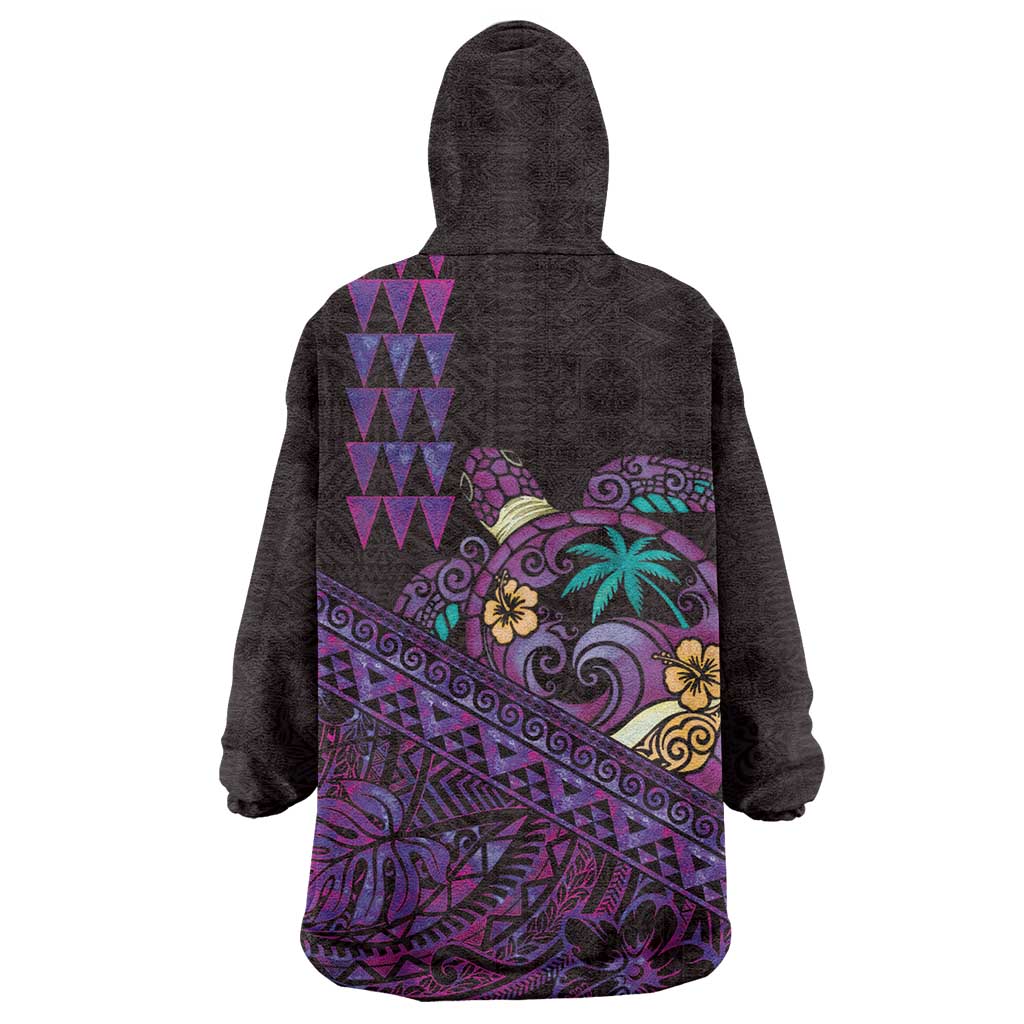 Hawaiian Abstract Sea Turtle Wearable Blanket Hoodie Polynesian Tapa Art and Kakau Tattoo Purple WaterColor - Polynesian Pride