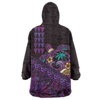 Hawaiian Abstract Sea Turtle Wearable Blanket Hoodie Polynesian Tapa Art and Kakau Tattoo Purple WaterColor - Polynesian Pride