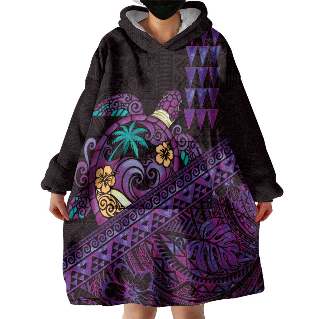 Hawaiian Abstract Sea Turtle Wearable Blanket Hoodie Polynesian Tapa Art and Kakau Tattoo Purple WaterColor - Polynesian Pride