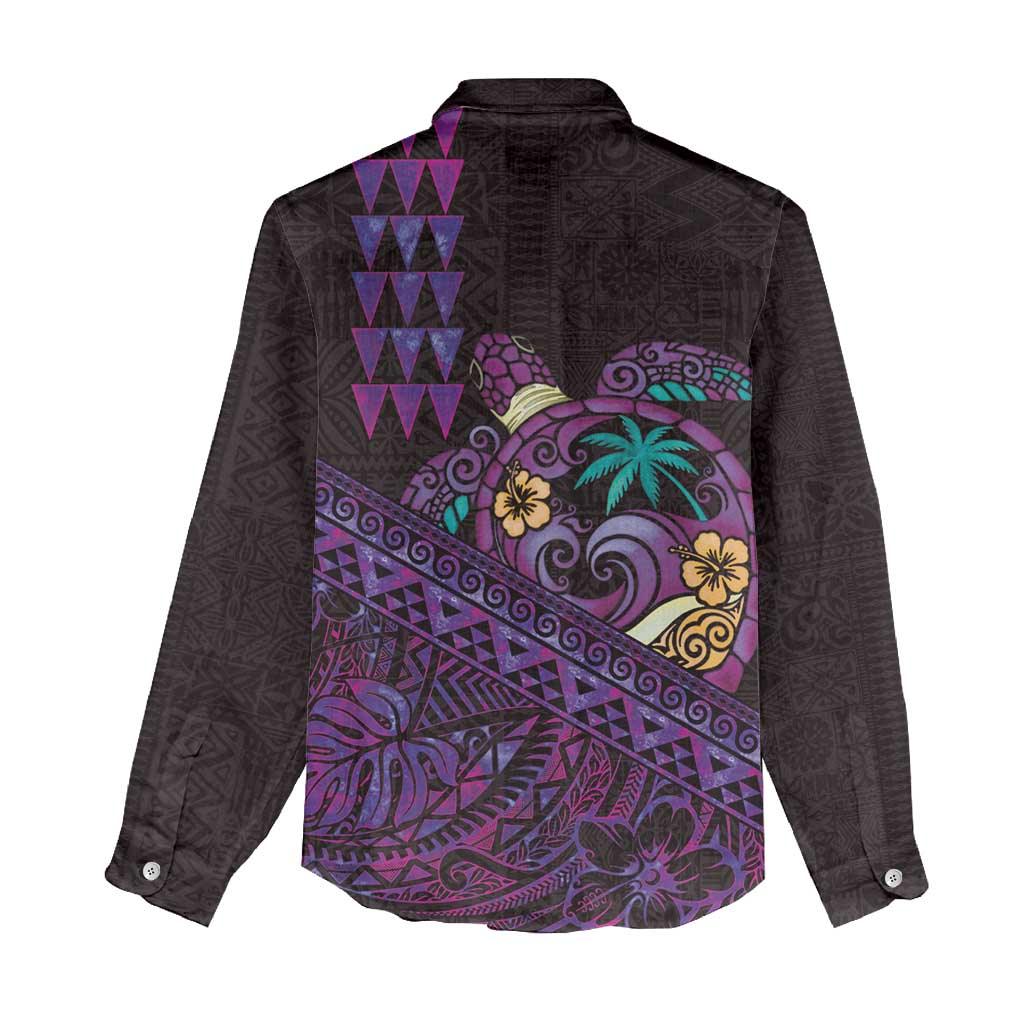 Hawaiian Abstract Sea Turtle Women Casual Shirt Polynesian Tapa Art and Kakau Tattoo Purple WaterColor - Polynesian Pride