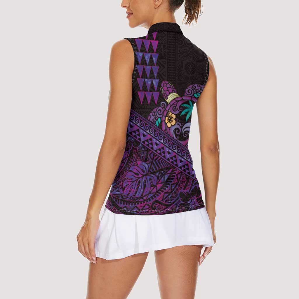 Hawaiian Abstract Sea Turtle Women Sleeveless Polo Shirt Polynesian Tapa Art and Kakau Tattoo Purple WaterColor - Polynesian Pride