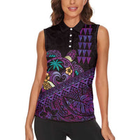 Hawaiian Abstract Sea Turtle Women Sleeveless Polo Shirt Polynesian Tapa Art and Kakau Tattoo Purple WaterColor - Polynesian Pride