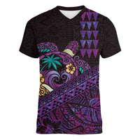 Hawaiian Abstract Sea Turtle Women V-Neck T-Shirt Polynesian Tapa Art and Kakau Tattoo Purple WaterColor - Polynesian Pride