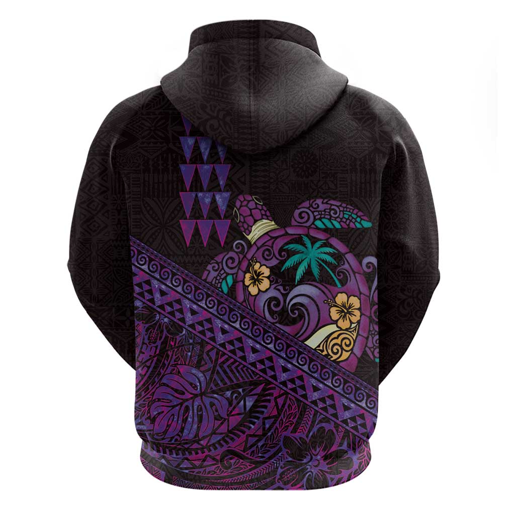Hawaiian Abstract Sea Turtle Zip Hoodie Polynesian Tapa Art and Kakau Tattoo Purple WaterColor - Polynesian Pride