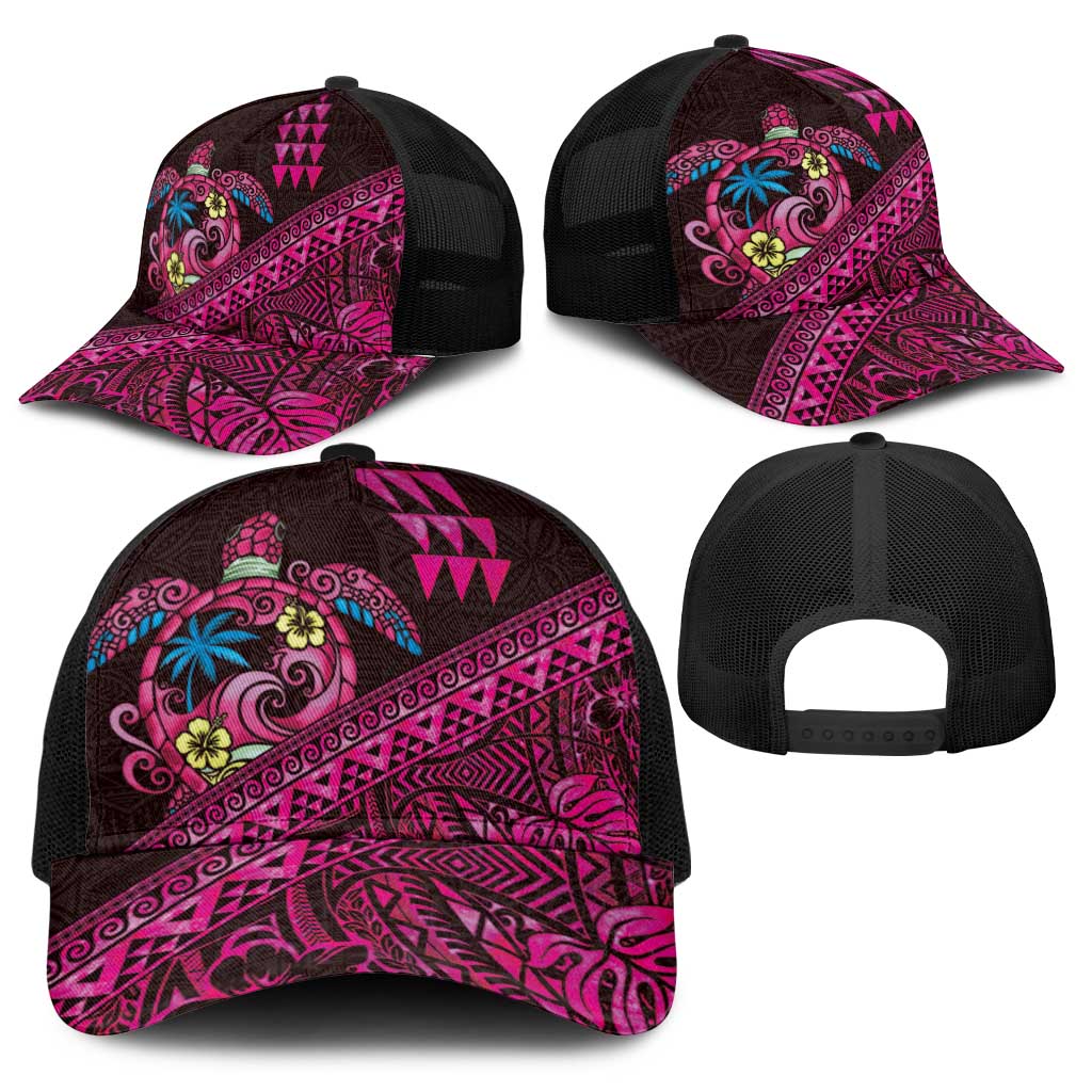 Hawaiian Abstract Sea Turtle Baseball Net Cap Polynesian Tapa Art and Kakau Tattoo Pink WaterColor - Polynesian Pride