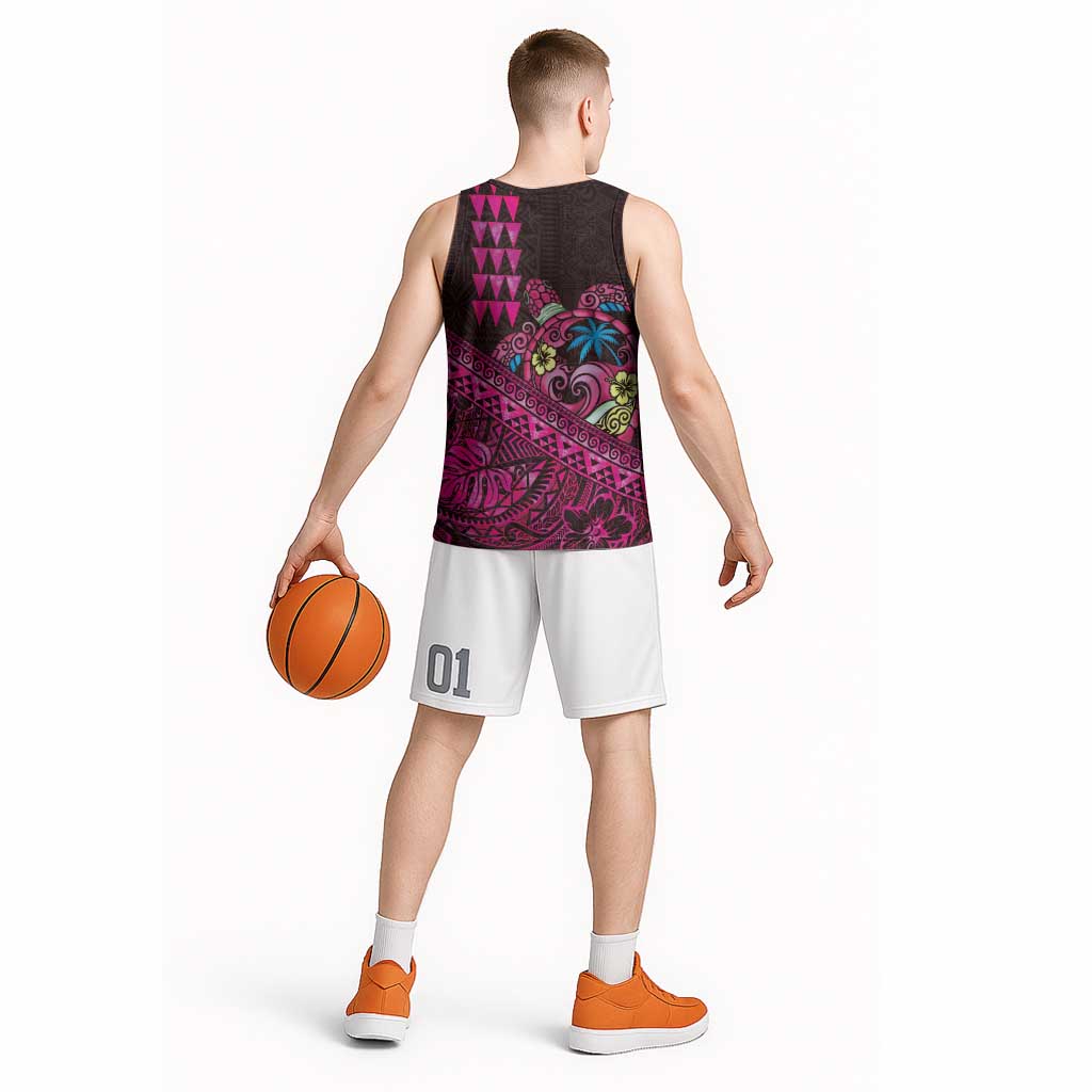 Hawaiian Abstract Sea Turtle Basketball Jersey Polynesian Tapa Art and Kakau Tattoo Pink WaterColor - Polynesian Pride