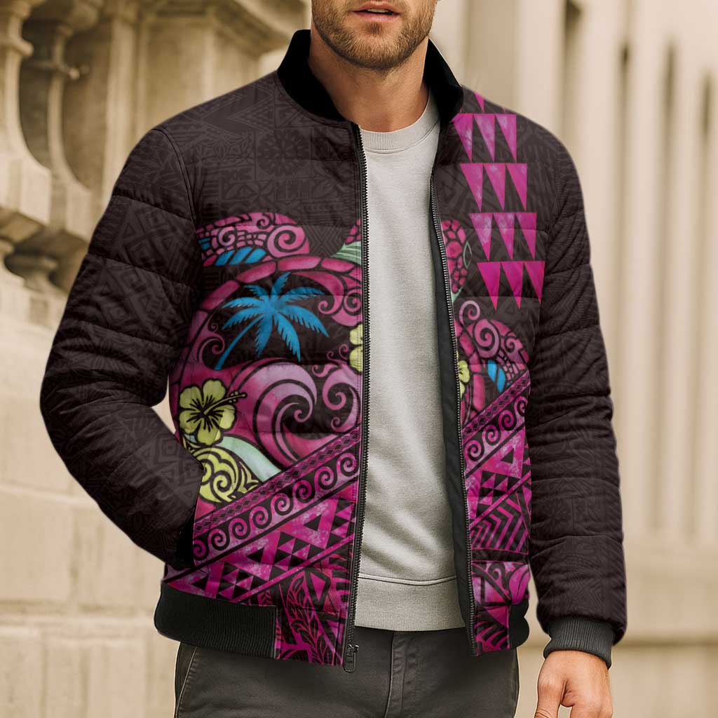 Hawaiian Abstract Sea Turtle Bomber Puffer Jacket Polynesian Tapa Art and Kakau Tattoo Pink WaterColor - Polynesian Pride