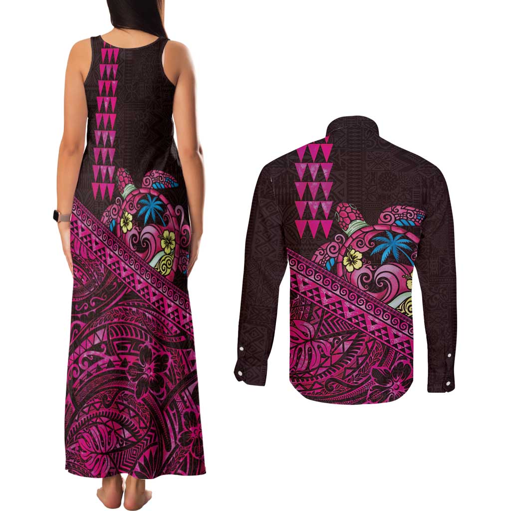 Hawaiian Abstract Sea Turtle Couples Matching Tank Maxi Dress and Long Sleeve Button Shirt Polynesian Tapa Art and Kakau Tattoo Pink WaterColor - Polynesian Pride