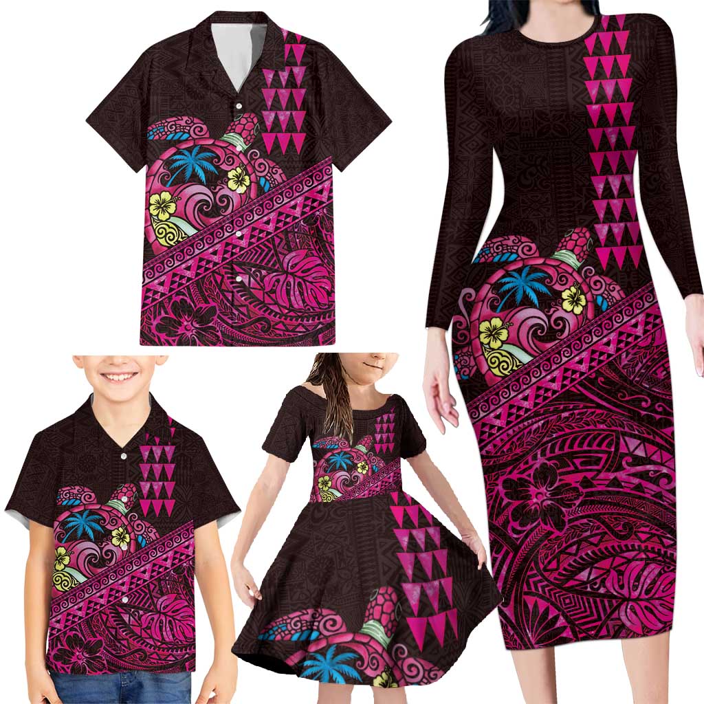 Hawaiian Abstract Sea Turtle Family Matching Long Sleeve Bodycon Dress and Hawaiian Shirt Polynesian Tapa Art and Kakau Tattoo Pink WaterColor - Polynesian Pride