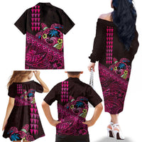 Hawaiian Abstract Sea Turtle Family Matching Off The Shoulder Long Sleeve Dress and Hawaiian Shirt Polynesian Tapa Art and Kakau Tattoo Pink WaterColor - Polynesian Pride
