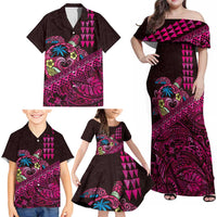 Hawaiian Abstract Sea Turtle Family Matching Off Shoulder Maxi Dress and Hawaiian Shirt Polynesian Tapa Art and Kakau Tattoo Pink WaterColor - Polynesian Pride