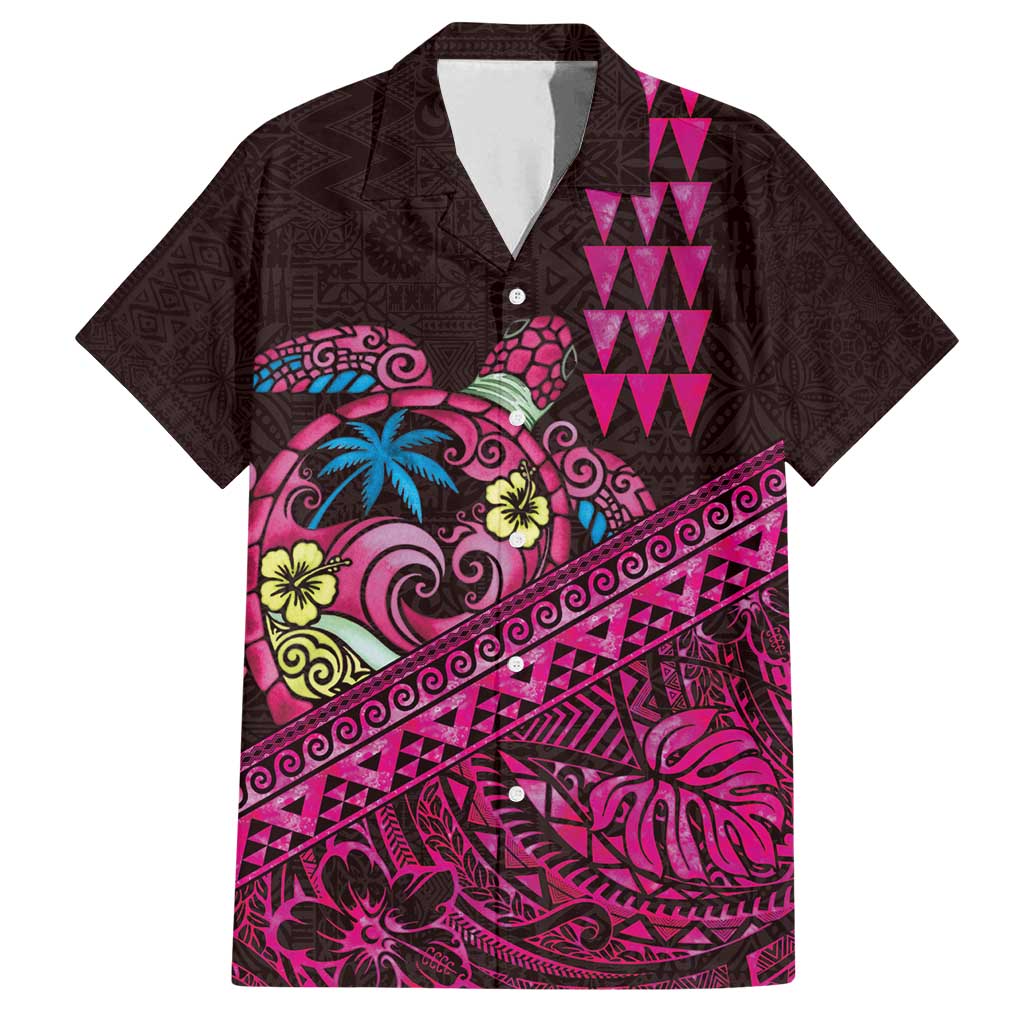 Hawaiian Abstract Sea Turtle Family Matching Off Shoulder Maxi Dress and Hawaiian Shirt Polynesian Tapa Art and Kakau Tattoo Pink WaterColor - Polynesian Pride