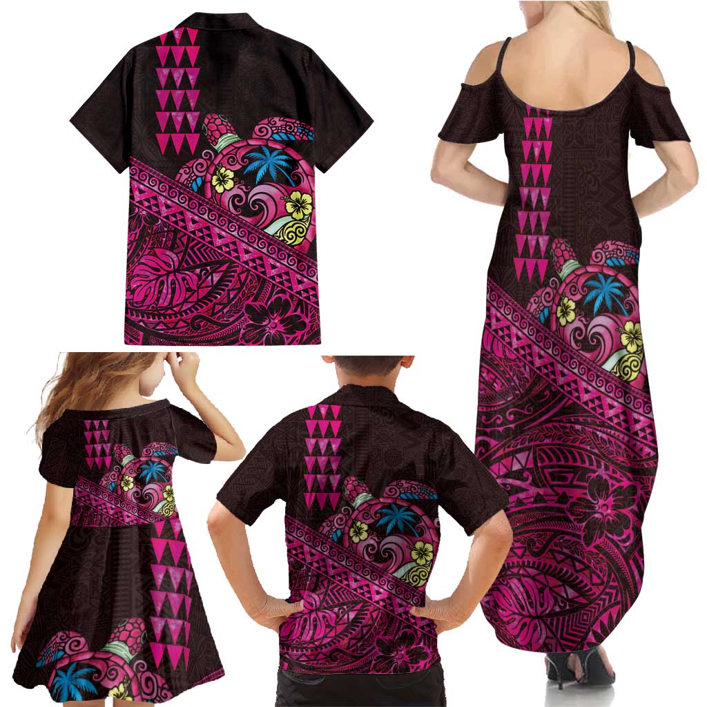 Hawaiian Abstract Sea Turtle Family Matching Summer Maxi Dress and Hawaiian Shirt Polynesian Tapa Art and Kakau Tattoo Pink WaterColor - Polynesian Pride