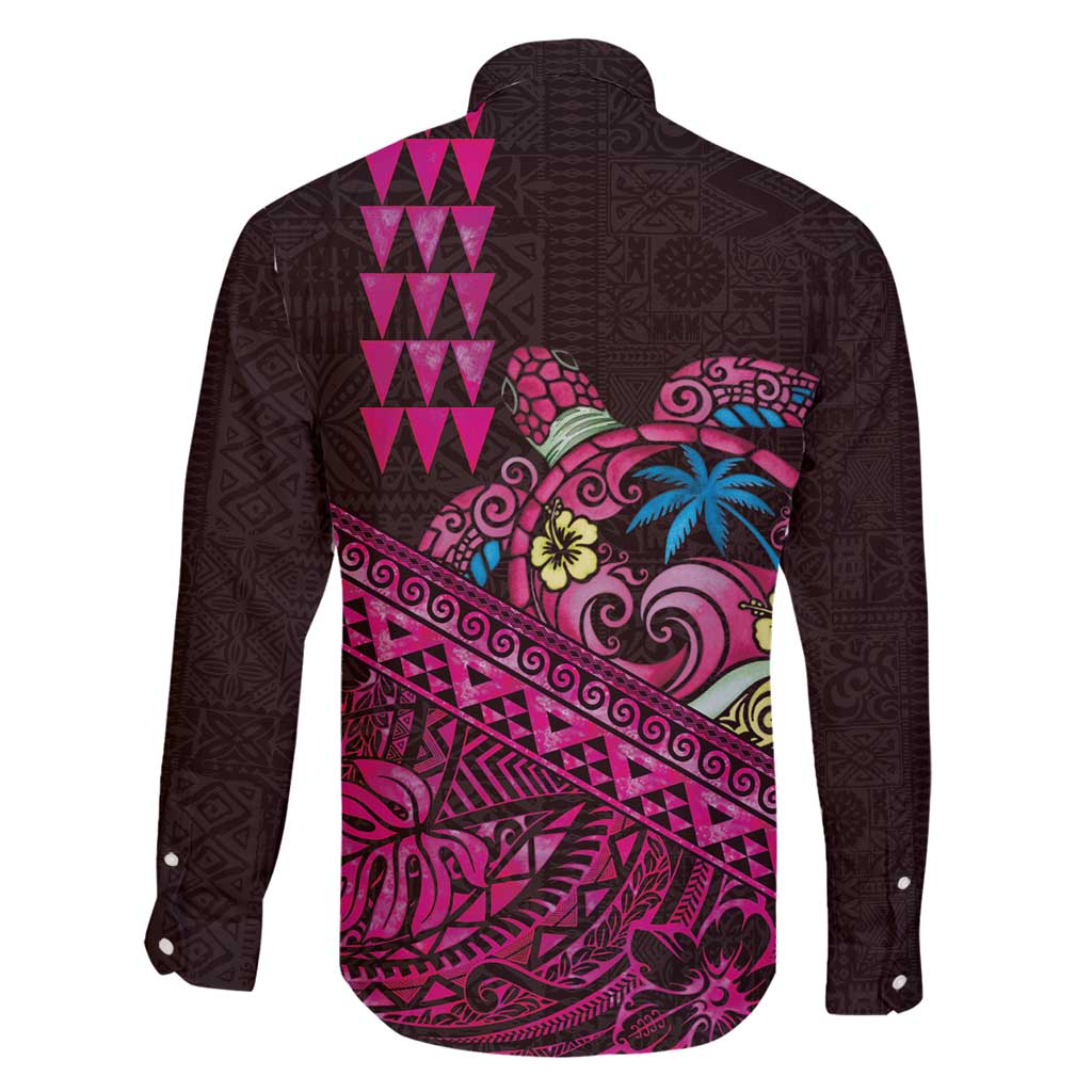 Hawaiian Abstract Sea Turtle Family Matching Summer Maxi Dress and Hawaiian Shirt Polynesian Tapa Art and Kakau Tattoo Pink WaterColor - Polynesian Pride