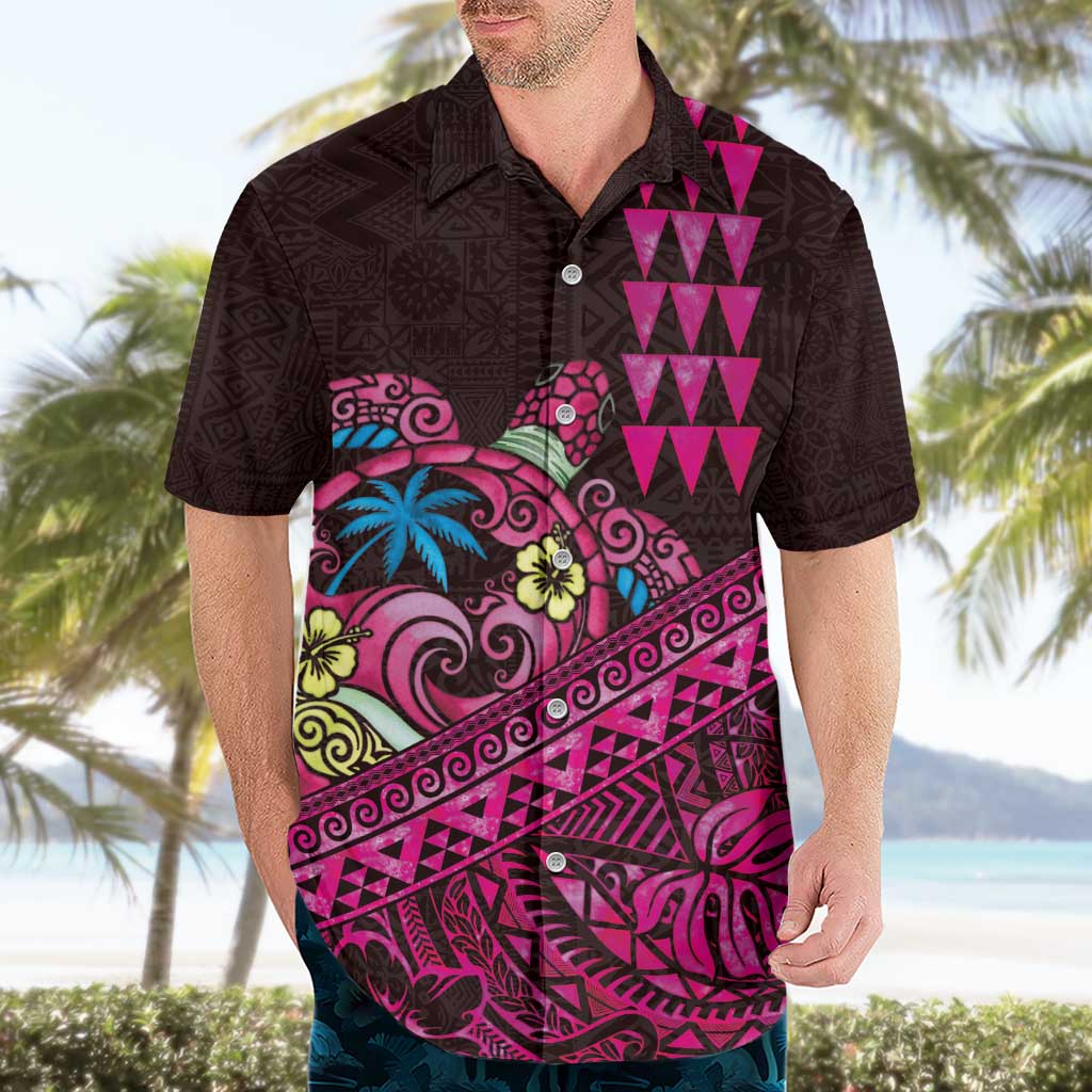 Hawaiian Abstract Sea Turtle Hawaiian Shirt Polynesian Tapa Art and Kakau Tattoo Pink WaterColor - Polynesian Pride