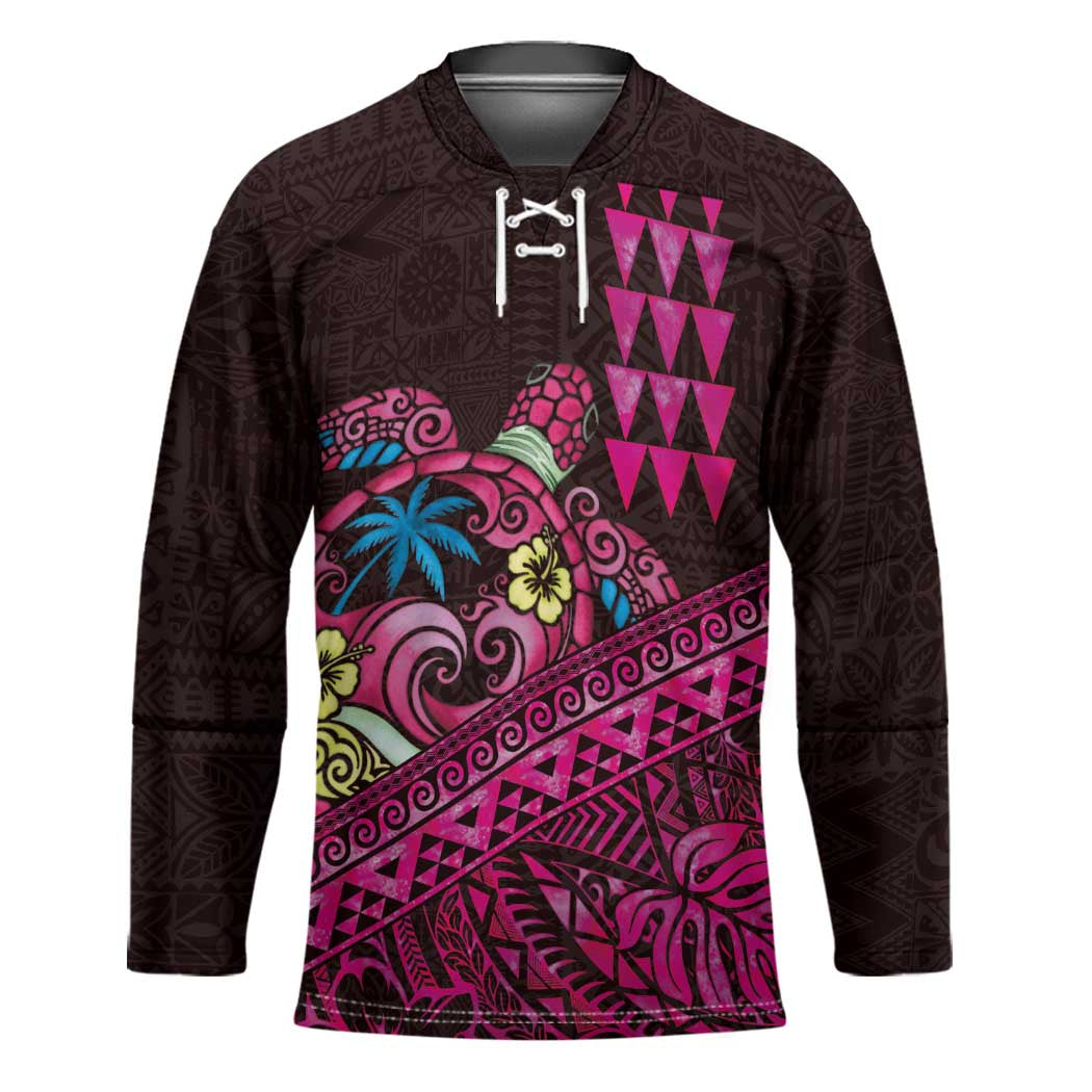 Hawaiian Abstract Sea Turtle Hockey Jersey Polynesian Tapa Art and Kakau Tattoo Pink WaterColor - Polynesian Pride