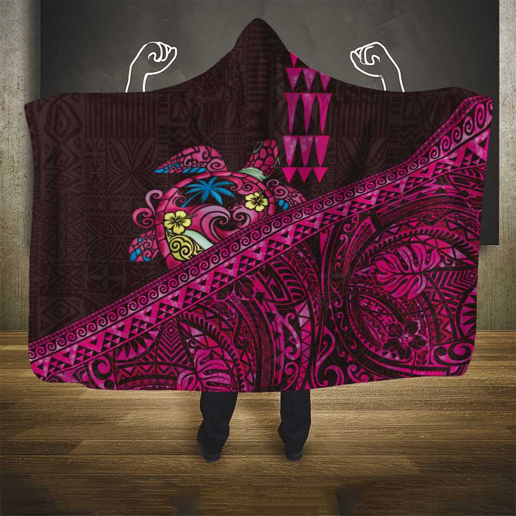 Hawaiian Abstract Sea Turtle Hooded Blanket Polynesian Tapa Art and Kakau Tattoo Pink WaterColor - Polynesian Pride