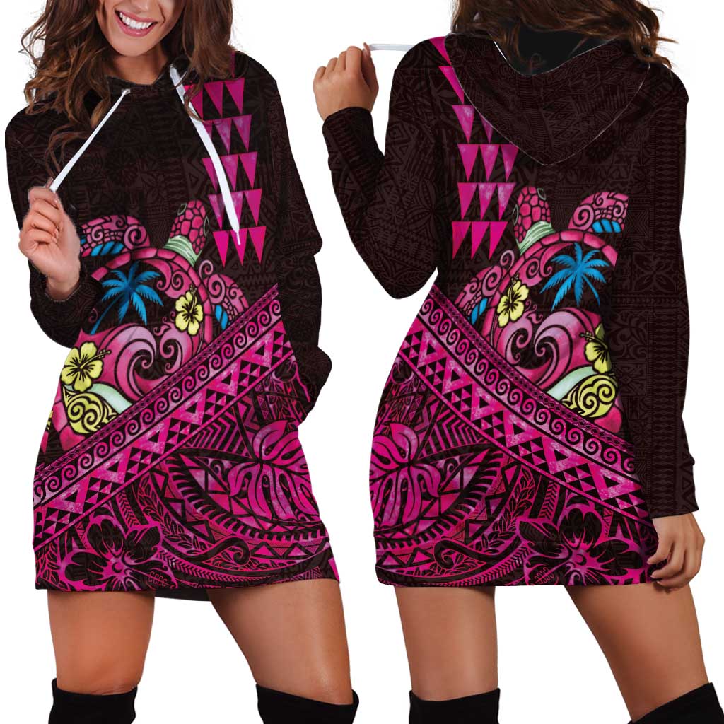 Hawaiian Abstract Sea Turtle Hoodie Dress Polynesian Tapa Art and Kakau Tattoo Pink WaterColor - Polynesian Pride