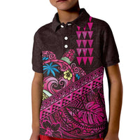 Hawaiian Abstract Sea Turtle Kid Polo Shirt Polynesian Tapa Art and Kakau Tattoo Pink WaterColor - Polynesian Pride