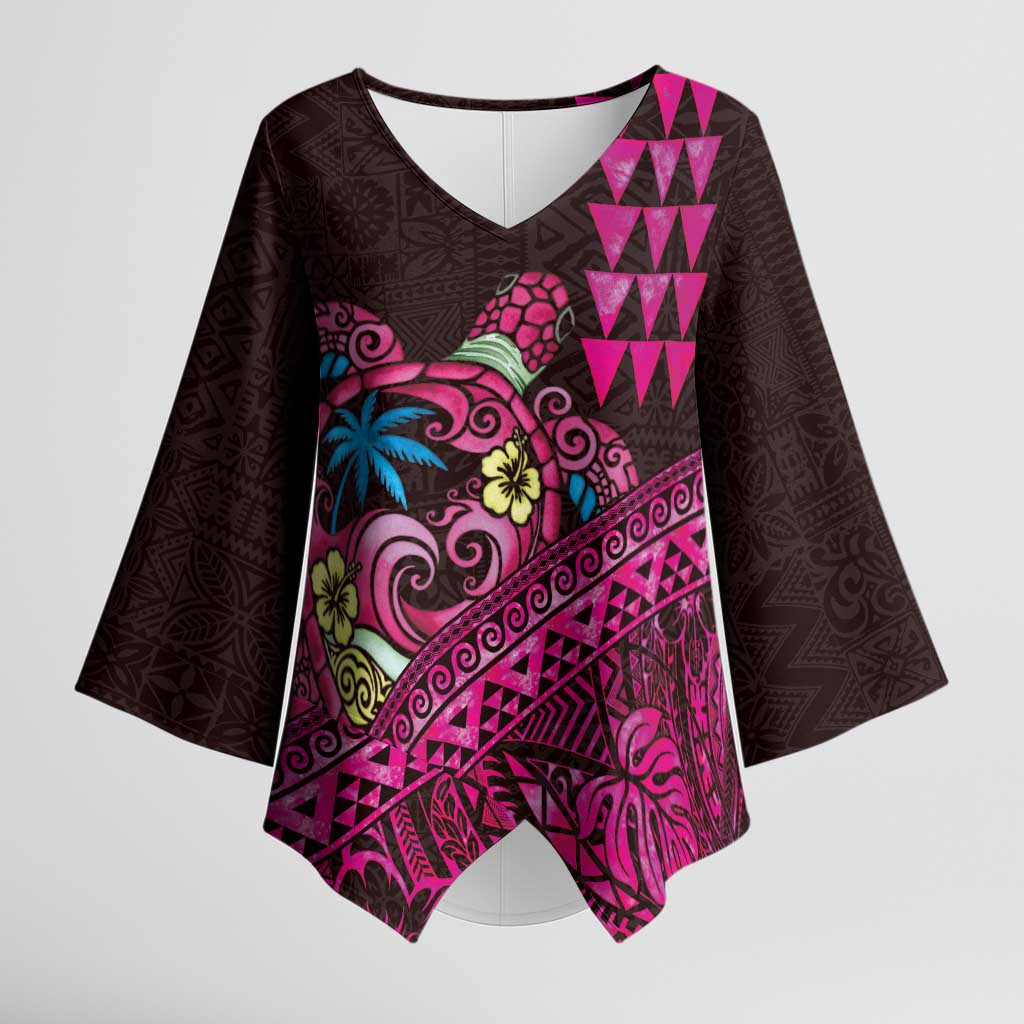 Hawaiian Abstract Sea Turtle Kimono Sleeve Blouse Polynesian Tapa Art and Kakau Tattoo Pink WaterColor - Polynesian Pride