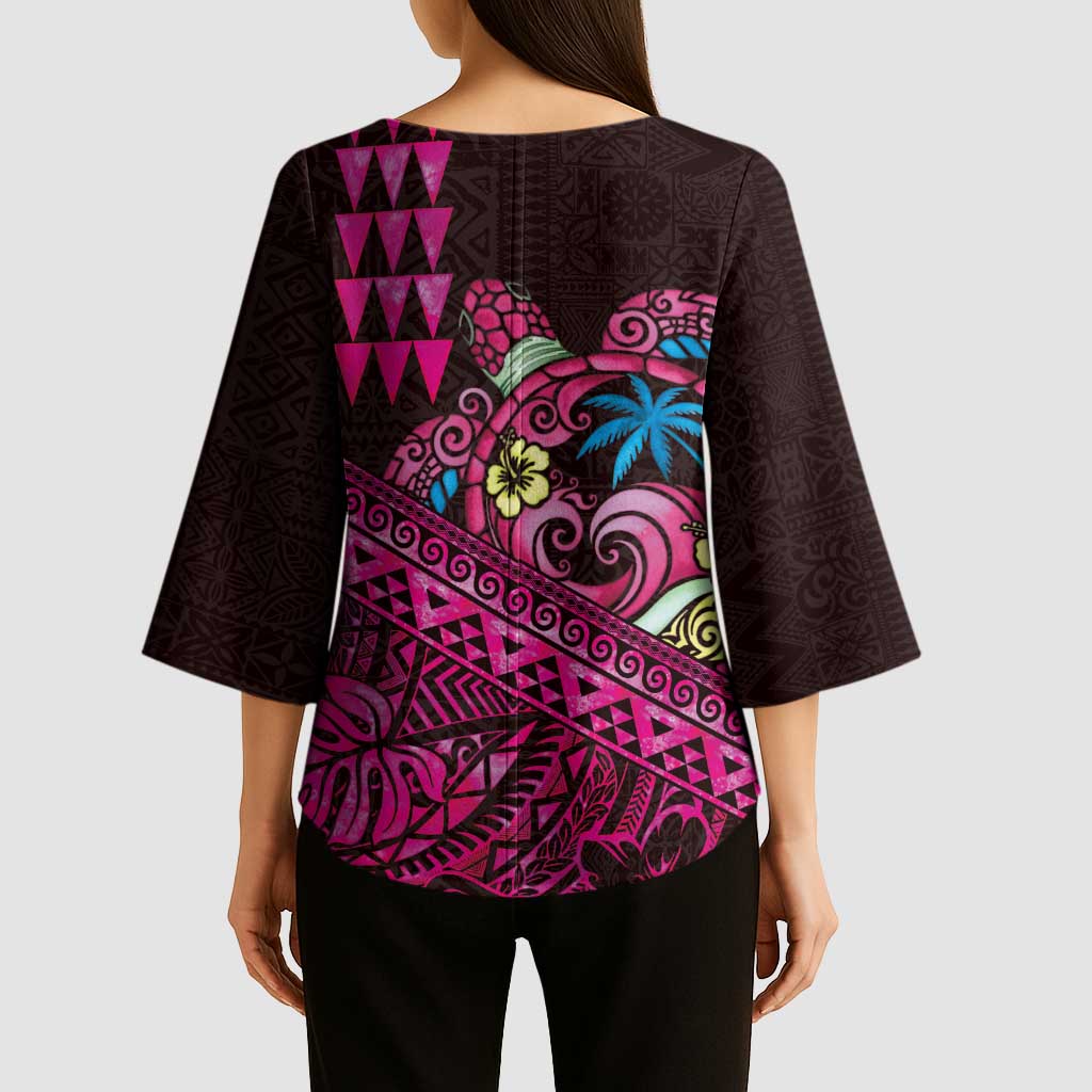 Hawaiian Abstract Sea Turtle Kimono Sleeve Blouse Polynesian Tapa Art and Kakau Tattoo Pink WaterColor - Polynesian Pride