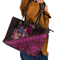 Hawaiian Abstract Sea Turtle Leather Tote Bag Polynesian Tapa Art and Kakau Tattoo Pink WaterColor - Polynesian Pride