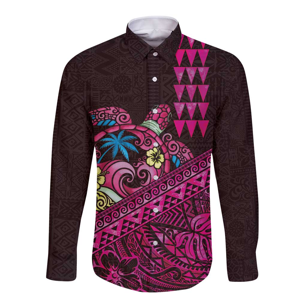 Hawaiian Abstract Sea Turtle Long Sleeve Button Shirt Polynesian Tapa Art and Kakau Tattoo Pink WaterColor - Polynesian Pride