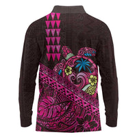 Hawaiian Abstract Sea Turtle Long Sleeve Polo Shirt Polynesian Tapa Art and Kakau Tattoo Pink WaterColor - Polynesian Pride
