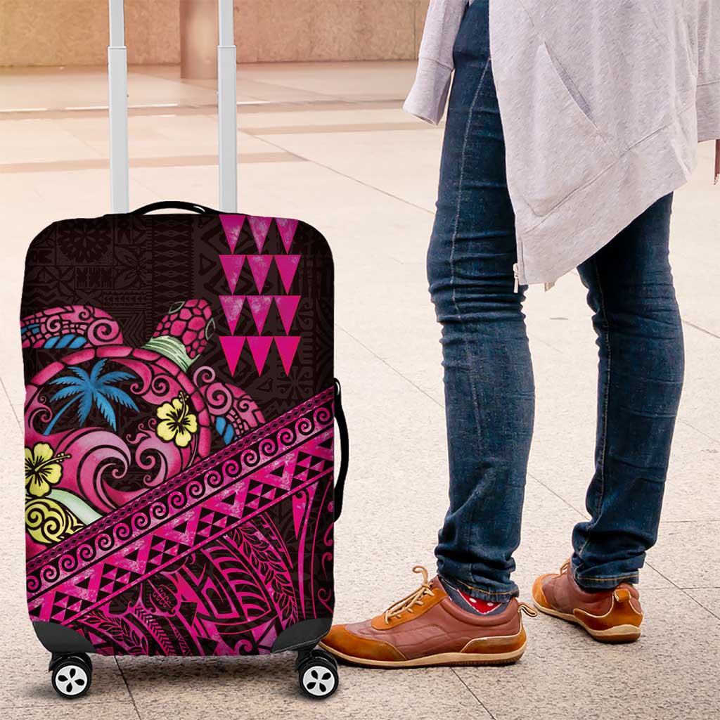 Hawaiian Abstract Sea Turtle Luggage Cover Polynesian Tapa Art and Kakau Tattoo Pink WaterColor - Polynesian Pride