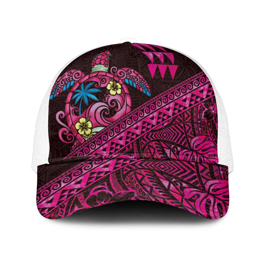 Hawaiian Abstract Sea Turtle Mesh Trucker Cap Polynesian Tapa Art and Kakau Tattoo Pink WaterColor - Polynesian Pride