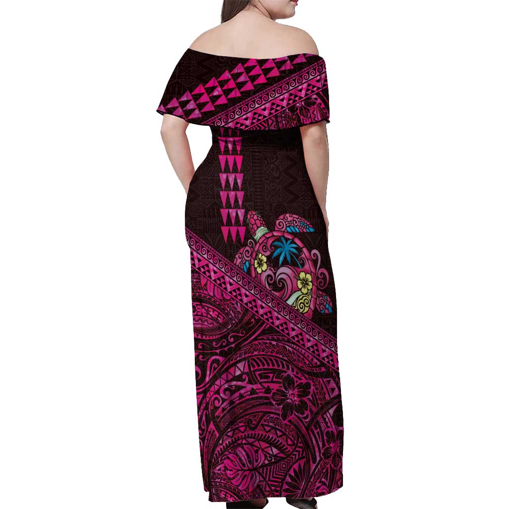 Hawaiian Abstract Sea Turtle Off Shoulder Maxi Dress Polynesian Tapa Art and Kakau Tattoo Pink WaterColor - Polynesian Pride
