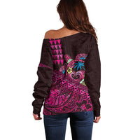 Hawaiian Abstract Sea Turtle Off Shoulder Sweater Polynesian Tapa Art and Kakau Tattoo Pink WaterColor - Polynesian Pride