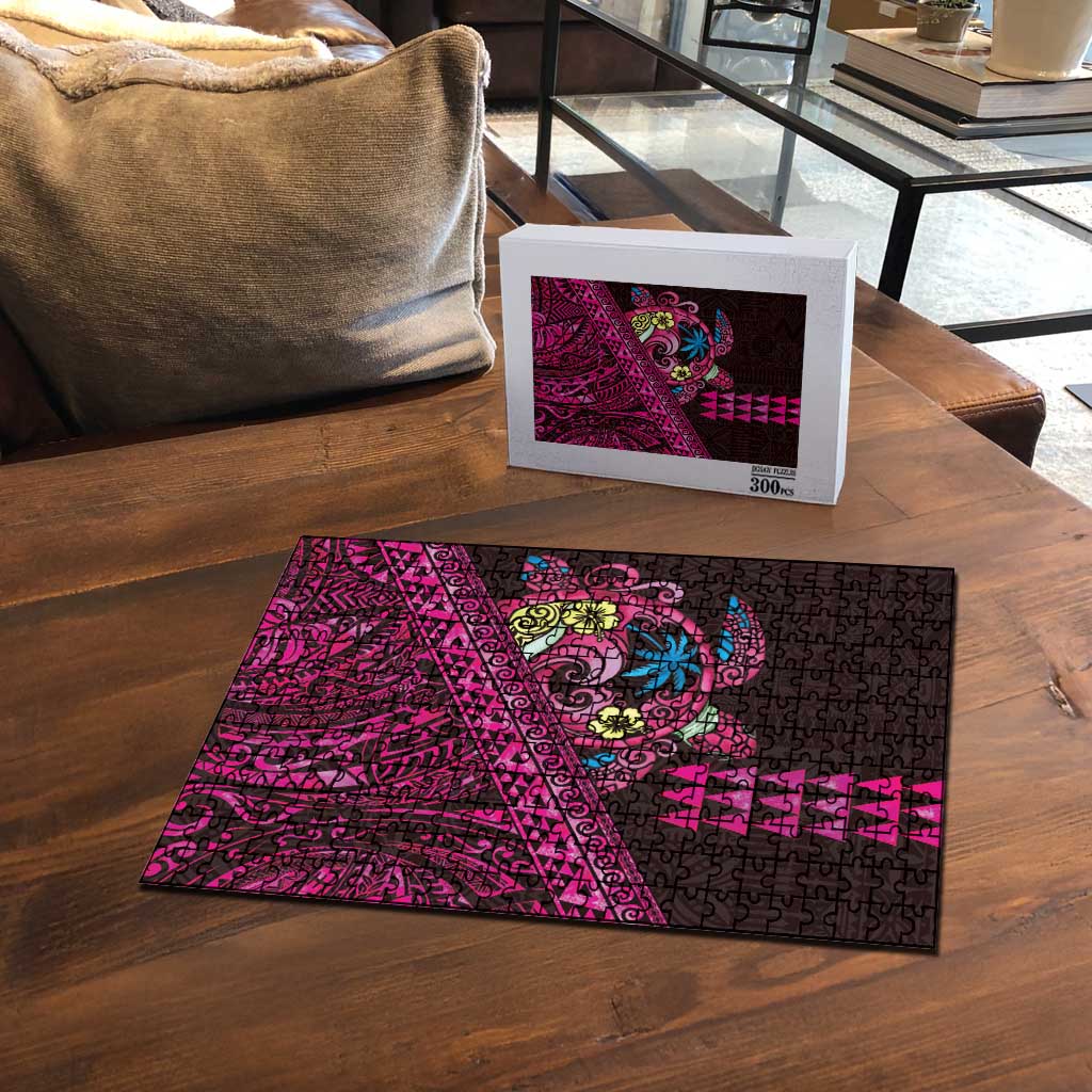 Hawaiian Abstract Sea Turtle Puzzle Polynesian Tapa Art and Kakau Tattoo Pink WaterColor - Polynesian Pride