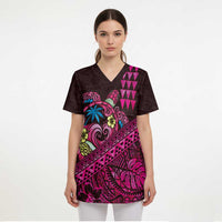 Hawaiian Abstract Sea Turtle Scrub Top Polynesian Tapa Art and Kakau Tattoo Pink WaterColor - Polynesian Pride