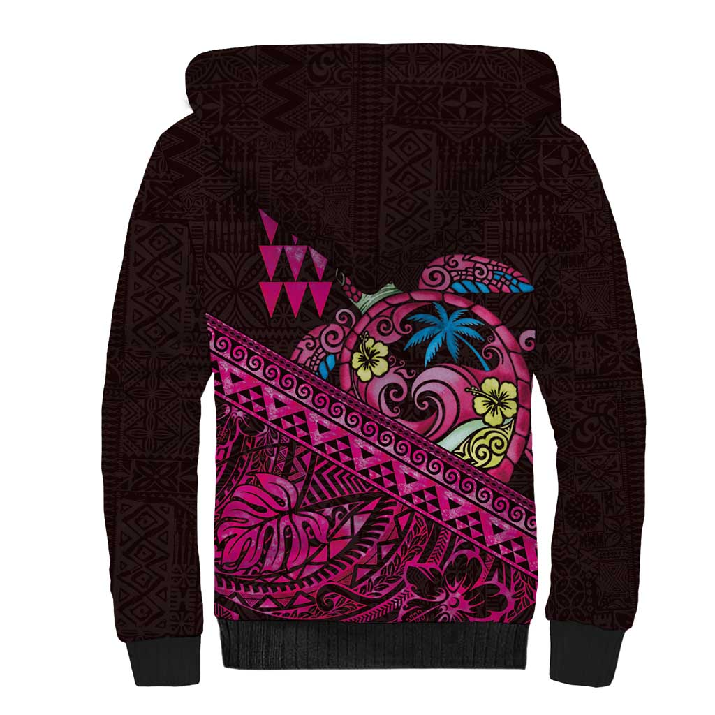 Hawaiian Abstract Sea Turtle Sherpa Hoodie Polynesian Tapa Art and Kakau Tattoo Pink WaterColor - Polynesian Pride