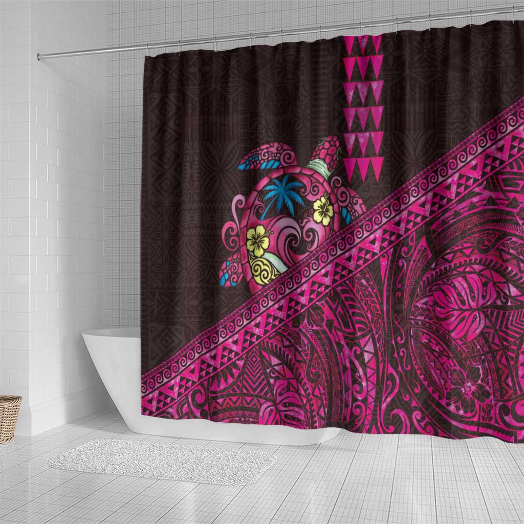 Hawaiian Abstract Sea Turtle Shower Curtain Polynesian Tapa Art and Kakau Tattoo Pink WaterColor - Polynesian Pride
