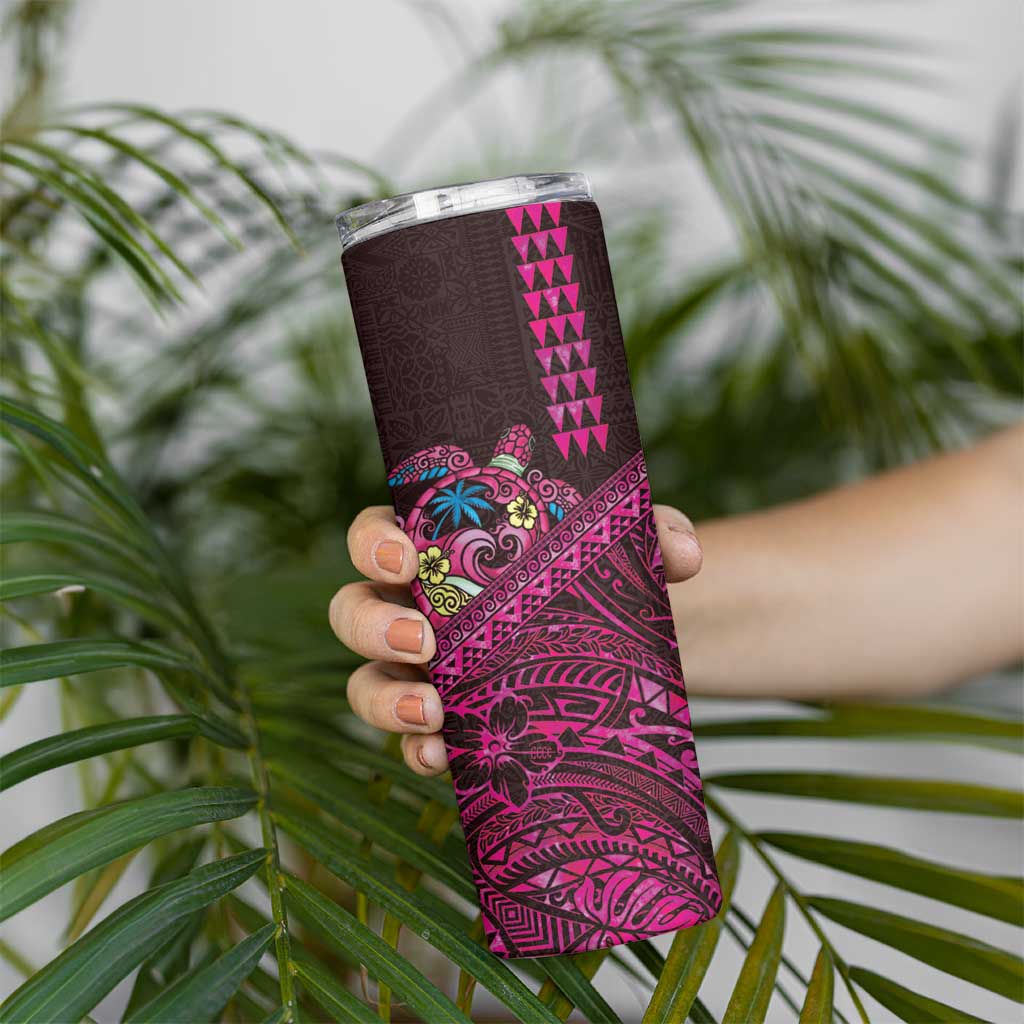 Hawaiian Abstract Sea Turtle Skinny Tumbler Polynesian Tapa Art and Kakau Tattoo Pink WaterColor - Polynesian Pride