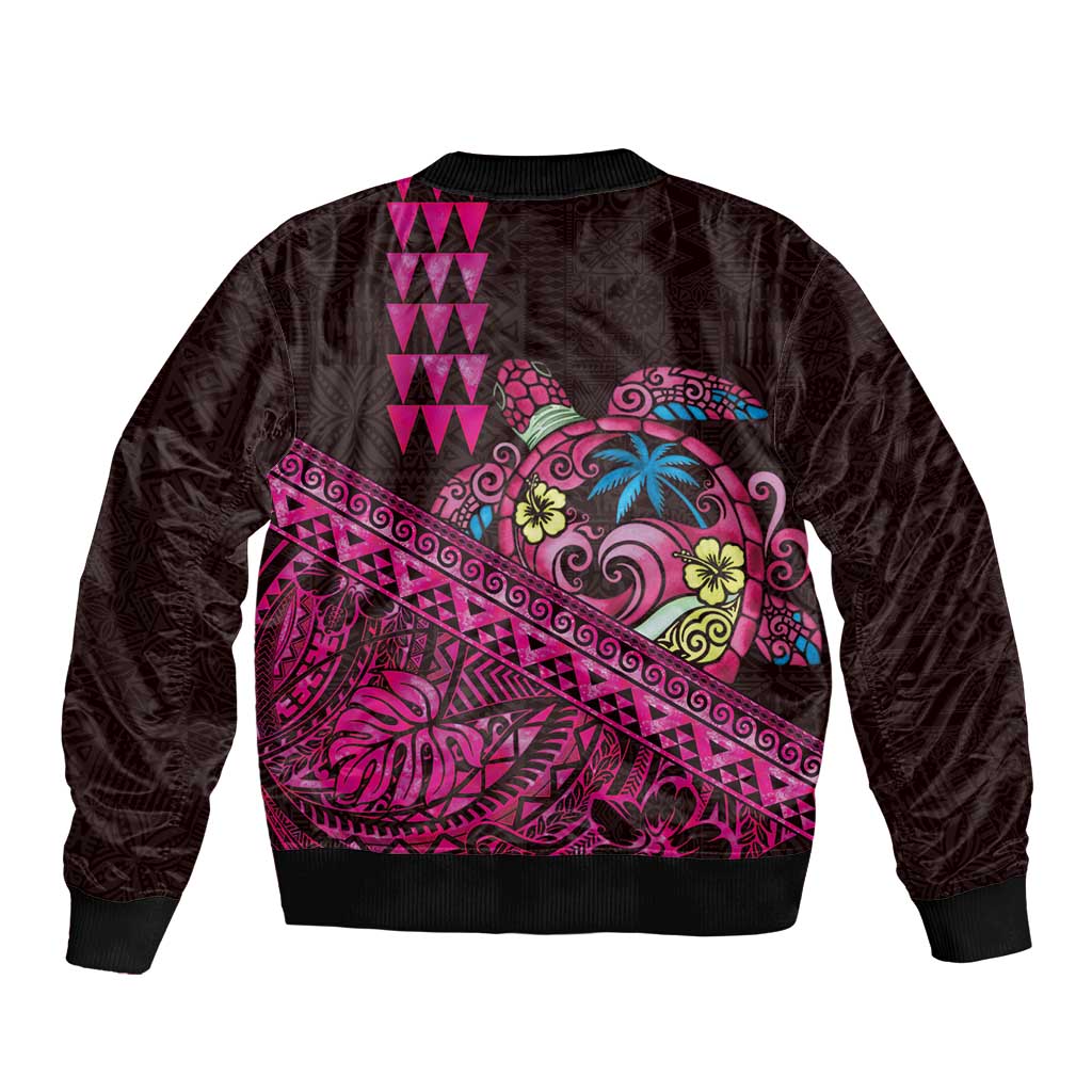 Hawaiian Abstract Sea Turtle Sleeve Zip Bomber Jacket Polynesian Tapa Art and Kakau Tattoo Pink WaterColor - Polynesian Pride