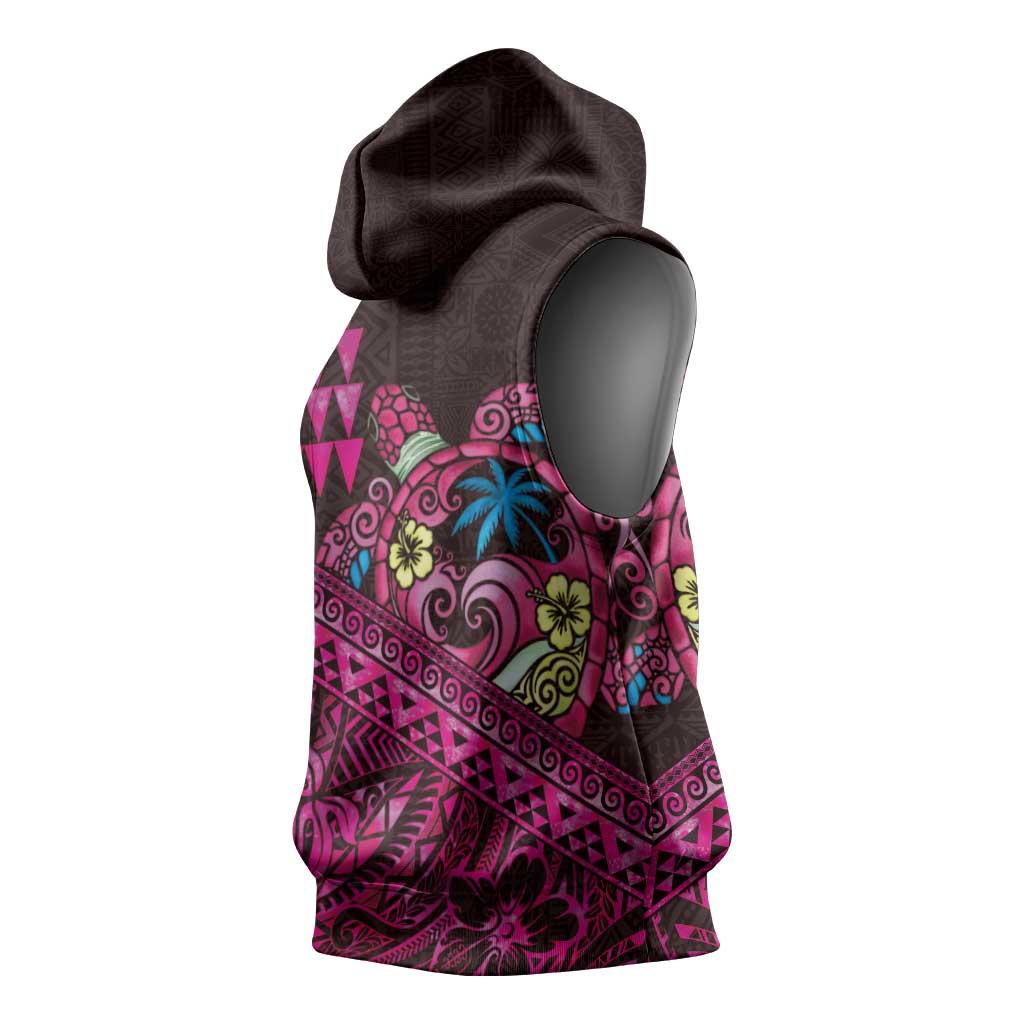 Hawaiian Abstract Sea Turtle Sleeveless Hoodie Polynesian Tapa Art and Kakau Tattoo Pink WaterColor - Polynesian Pride