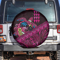 Hawaiian Abstract Sea Turtle Spare Tire Cover Polynesian Tapa Art and Kakau Tattoo Pink WaterColor - Polynesian Pride