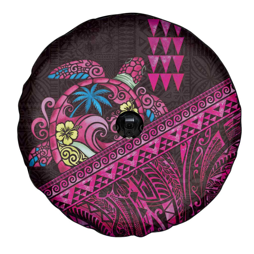 Hawaiian Abstract Sea Turtle Spare Tire Cover Polynesian Tapa Art and Kakau Tattoo Pink WaterColor - Polynesian Pride