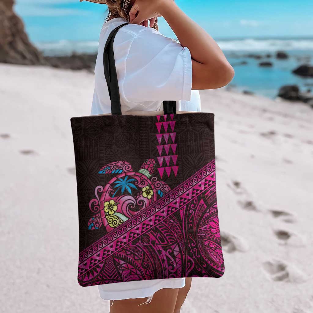 Hawaiian Abstract Sea Turtle Tote Bag Polynesian Tapa Art and Kakau Tattoo Pink WaterColor - Polynesian Pride