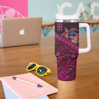Hawaiian Abstract Sea Turtle Tumbler With Handle Polynesian Tapa Art and Kakau Tattoo Pink WaterColor - Polynesian Pride