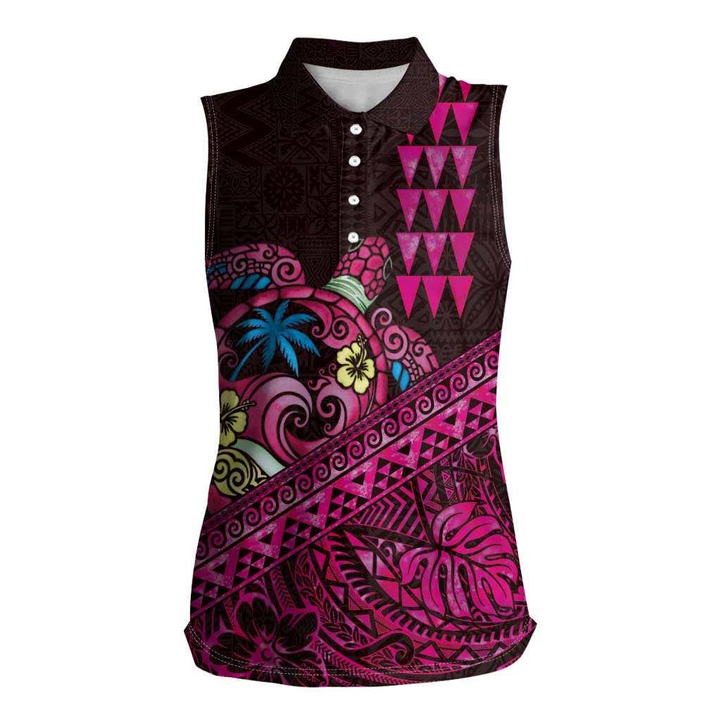 Hawaiian Abstract Sea Turtle Women Sleeveless Polo Shirt Polynesian Tapa Art and Kakau Tattoo Pink WaterColor - Polynesian Pride
