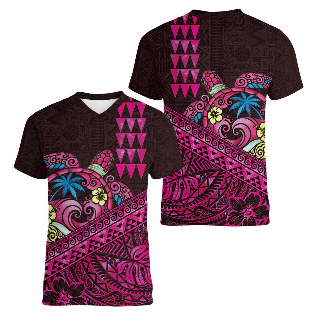 Hawaiian Abstract Sea Turtle Women V-Neck T-Shirt Polynesian Tapa Art and Kakau Tattoo Pink WaterColor - Polynesian Pride