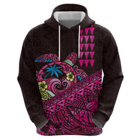 Hawaiian Abstract Sea Turtle Zip Hoodie Polynesian Tapa Art and Kakau Tattoo Pink WaterColor - Polynesian Pride