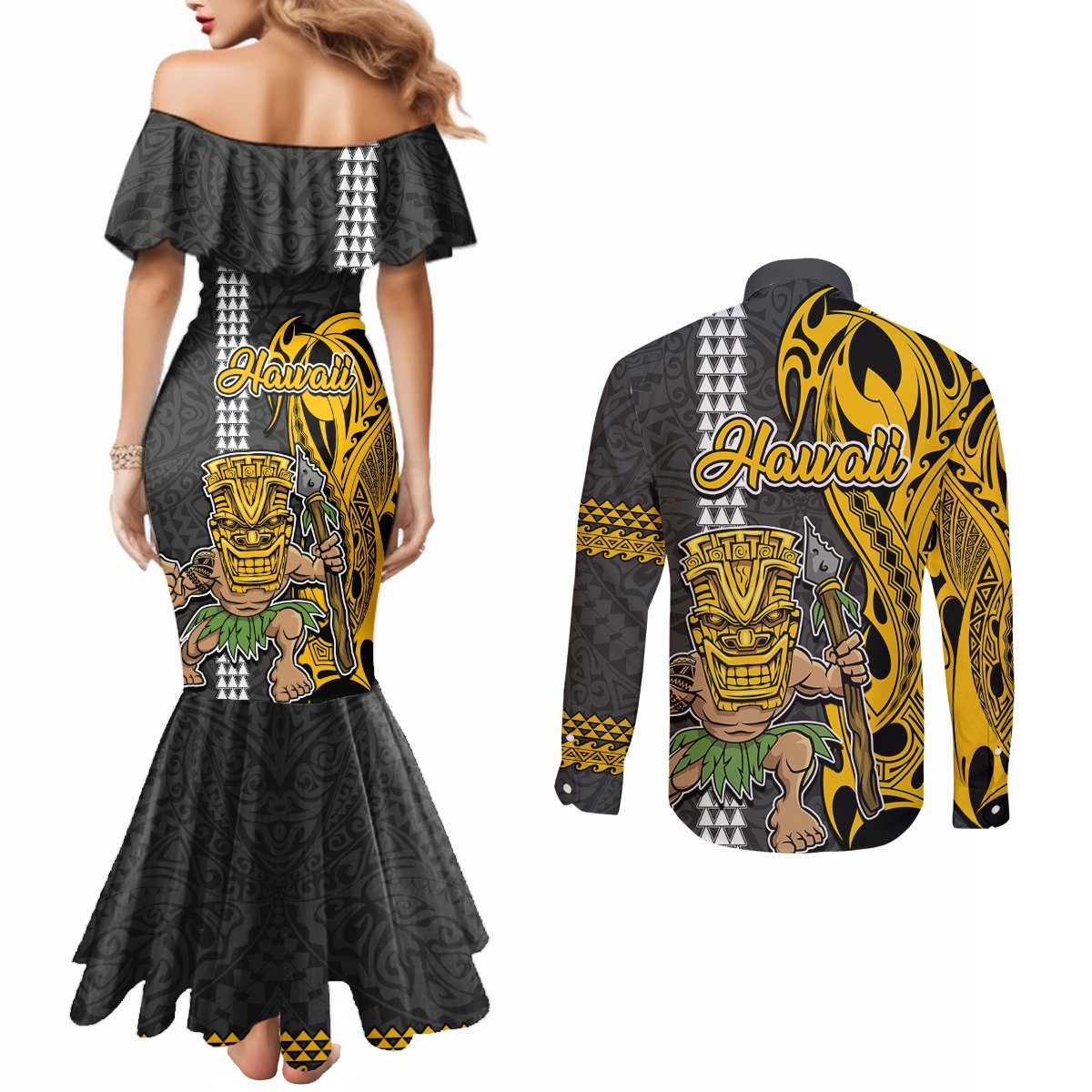 Hawaii Island Couples Matching Mermaid Dress and Long Sleeve Button Shirts Hawaiian Warrior and Kakau Symbols Abstract Tattoo LT03 - Polynesian Pride