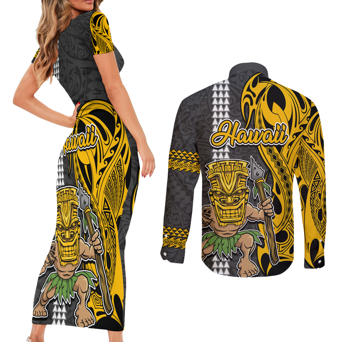 Hawaii Island Couples Matching Short Sleeve Bodycon Dress and Long Sleeve Button Shirts Hawaiian Warrior and Kakau Symbols Abstract Tattoo LT03 - Polynesian Pride