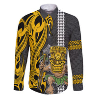 Hawaii Island Family Matching Mermaid Dress and Hawaiian Shirt Hawaiian Warrior and Kakau Symbols Abstract Tattoo LT03 Dad's Shirt - Long Sleeve Yellow - Polynesian Pride