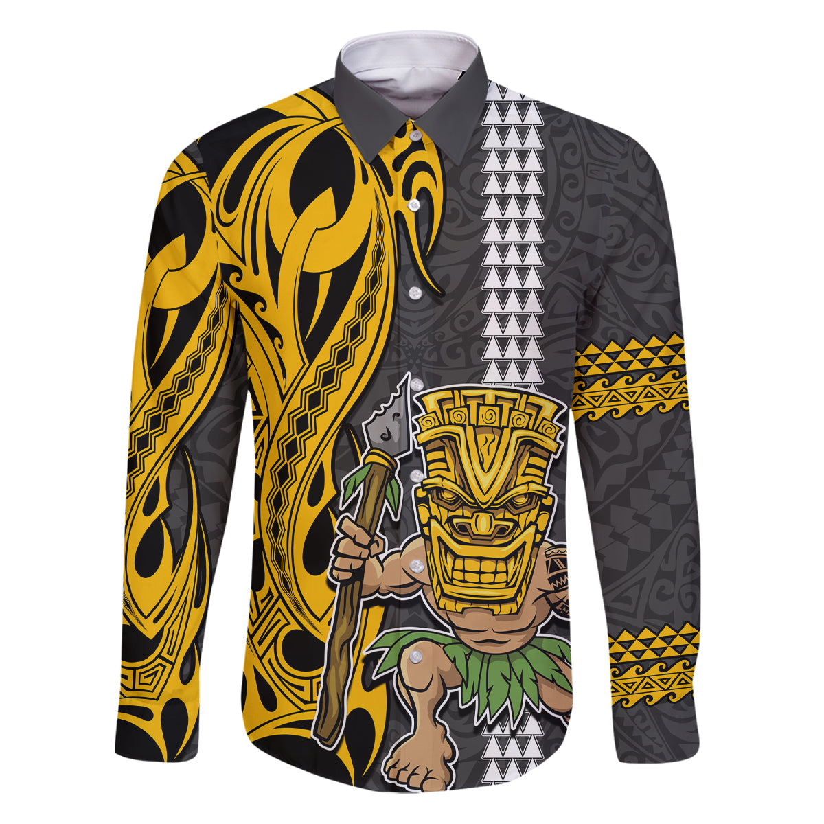 Hawaii Island Family Matching Puletasi Dress and Hawaiian Shirt Hawaiian Warrior and Kakau Symbols Abstract Tattoo LT03 Dad's Shirt - Long Sleeve Yellow - Polynesian Pride